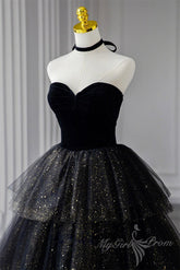 Black Sweetheart Tulle Long Prom Dress with Layered Skirt, Black Formal Evening Dress